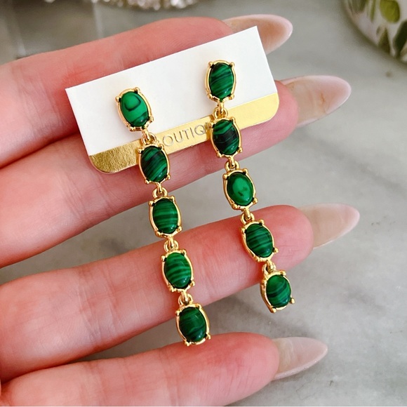 18k gold plated Malachite green oval 2” dangle earrings gemstone - Picture 3 of 3